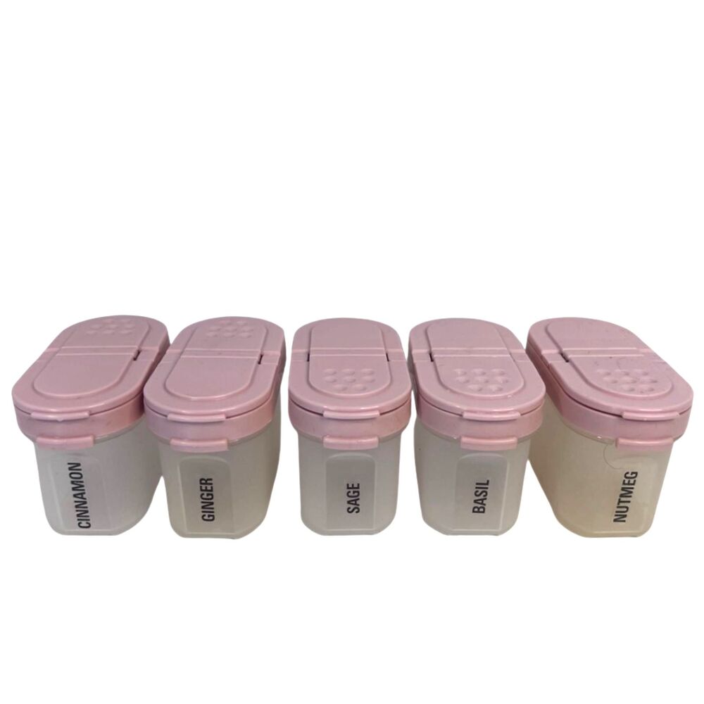 Tupperware Modular Mates Spice Shakers 1843 SET of 5 Pink Lids LABELED VTG